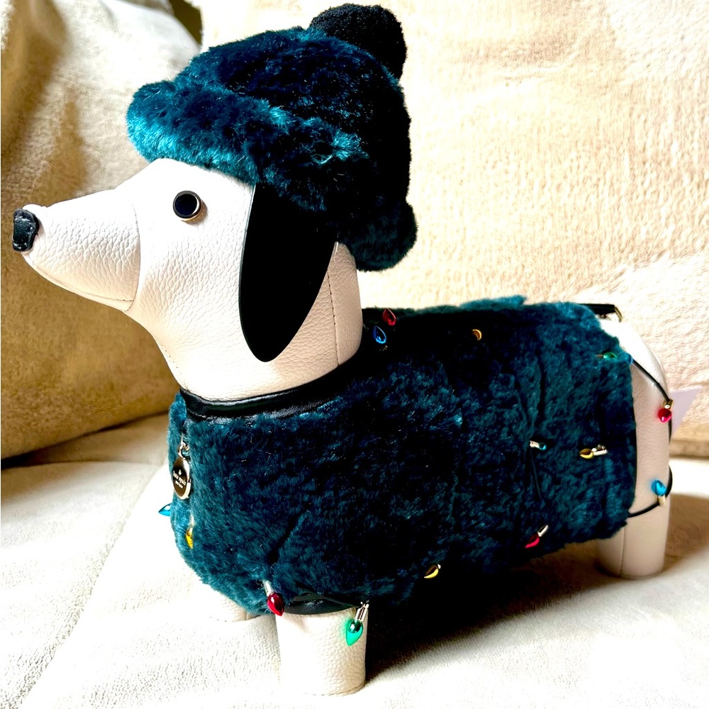 BNWT Collectible Kate Spade Dachshund Dog Claude Bag, Green, Christmas Lights